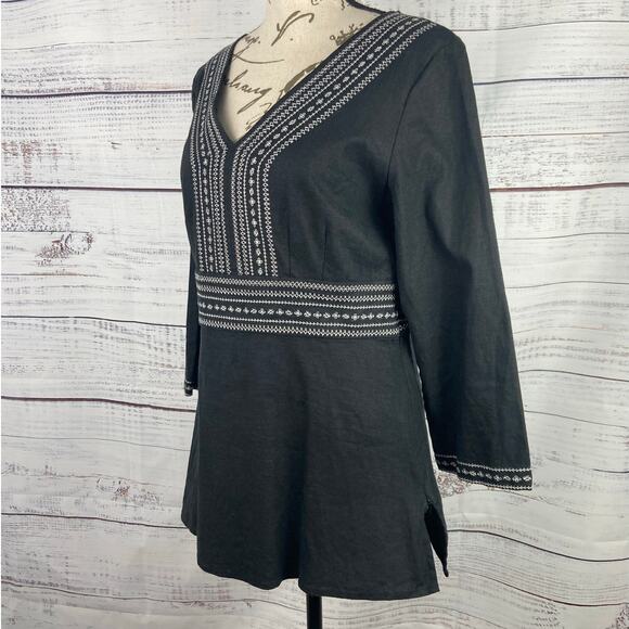 Geoffrey Beene Sport Linen Top Women 8 Black Embroider 3/4 Sleeve V Neck Stretch - Picture 5 of 10